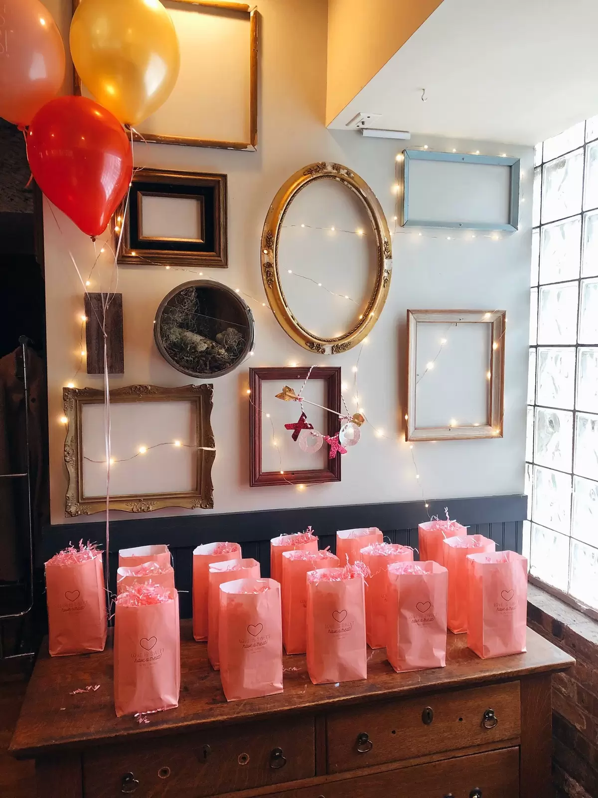 Galentine's Day party favor bags filled with luxurious goodies