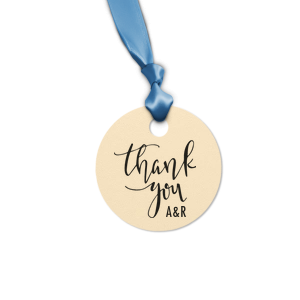 Personalized Natural Kraft/Latte Large Round Gift Tag with Matte White Foil has a Thank You 2 graphic and is good for use in Words, Hearts, Wedding themed parties and are a must-have for your next event—whatever the celebration!