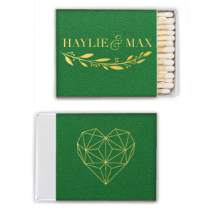 The ever-popular Natural Leaf Classic Matchbox with Shiny 18 Kt Gold Foil has a Branch graphic and a Geometric Bleed graphic and is good for use in Trendy Wedding, Anniversary and Shower themed parties and can be personalized to match your party's exact theme and tempo.