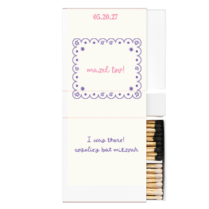 Light a spark that will last a lifetime with the Star of David Frame Photo Matchbox! This matchbox features a scalloped frame and Stars of David design on the front with a joyous "Mazel Tov!", while the back features a personal message. Customize the text to make it your own for your next momentous occasion.