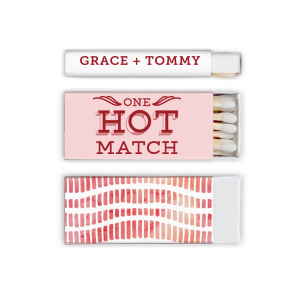 Our beautiful custom White Classic Custom Photo Matchbox with Matte Blush Ink Digital Print Colors and Matte Red Berry Ink Digital Print Colors has a One Hot Match graphic and is good for use in Words, Wedding, Anniversary themed parties and are a must-have for your next event—whatever the celebration!