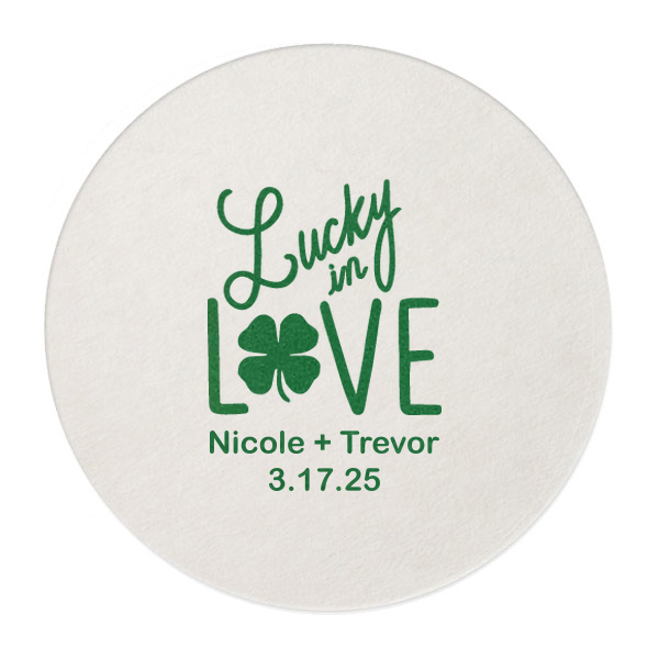 ForYourParty's chic Eggshell Square Coaster with Satin Leaf Foil has a Lucky In Love graphic and is good for use in Wedding, St Patricks Day themed parties and can be customized to complement every last detail of your party.