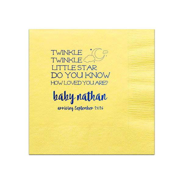 Our beautiful custom Mimosa/Yellow Cocktail Napkin with Shiny Royal Blue Foil has a Night Sky graphic and is good for use in Baby Shower, Stars themed parties and are a must-have for your next event—whatever the celebration!