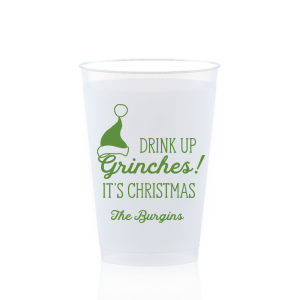 Our Drink Up Grinches! Cup has a Santa Hat graphic and is good for use in Delphine themed parties and can't be beat. Showcase your style in every detail of your party's theme!