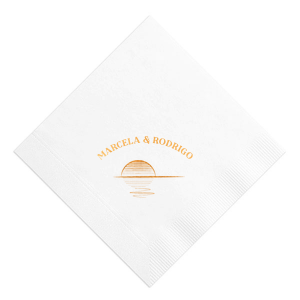 Seal your day with the Sunset Vows Arch Napkin, capturing the romance of a setting sun behind the couple's names in an elegant arch. This design sets a serene scene, perfect for a wedding infused with the glow of new beginnings.