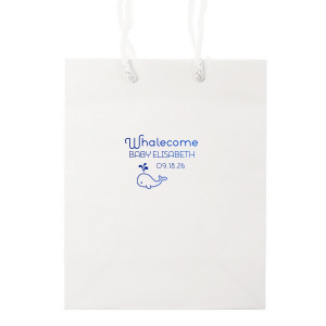 Personalized White Gift Bag with Shiny Turquoise Foil has a Whale graphic and is good for use in Animals, Birthday, Kid Birthday and Baby Shower themed parties and are a must-have for your next event—whatever the celebration!