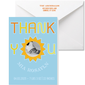 A cheerful and colorful card to express gratitude for thoughtful baby shower gifts and support. This amazing Sunny Baby Shower Thank You Card is designed especially for you. Surprise your closest ones today! 