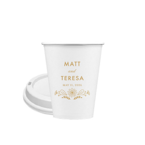 Personalized Gold Ink 8 oz Paper Coffee Cup with Lid with Gold Ink Cup Ink Colors has a Sunflower Bouquet Centerpiece graphic and is good for use in Lovely Press themed parties and will add that special attention to detail that cannot be overlooked.