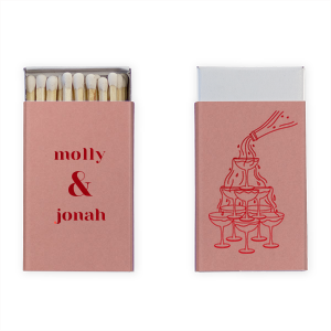Shake up your celebration with our personalized foil-printed matches, featuring a classic champagne tower design! Add your names to create the perfect party favor, sparking joy and laughter at weddings, engagement parties, and anniversaries. Let's toast to fun!