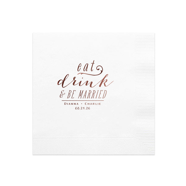 Bring the cheer with the Joyful Stacked Eat Drink & Be Married Wedding Napkin! This whimsically stacked design blends a sassy lowercase, bouncy script, and bold capital letters. It's topped off with the couple's names and date, infusing the napkin with a personal, joyous vibe.