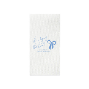 Celebrate the bride-to-be with the Modern Bow Bridal Bliss Napkin, elegantly displaying "She's tying the knot" in a lovely script above her name, all accentuated by a chic bow design. An exquisite choice for adding a personalized touch to any bridal shower.