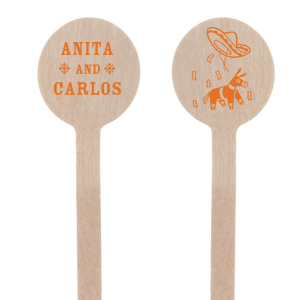 Stir up some festive fun at your anniversary celebration with the Fiesta Forever Anniversary Stir Stick. Adorn one side with a lively graphic of a piñata, sombrero, and confetti, and customize the other with the honored couple's names for a personalized touch to your spirited fiesta.