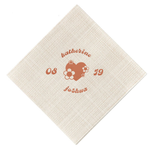 Infuse your wedding with vintage charm using the Retro Floral Heart Wedding Napkin, featuring the couple's names arched around a whimsical heart adorned with retro flowers, flanked by the wedding date. This nostalgic design adds a touch of retro romance to your celebration.