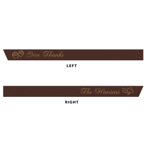 Our custom Espresso 5/8" Satin Ribbon with Satin 18 Kt. Gold Foil Color has a Acorns graphic and a 2 Leaves graphic and is good for use in Floral themed parties and can be customized to complement every last detail of your party.