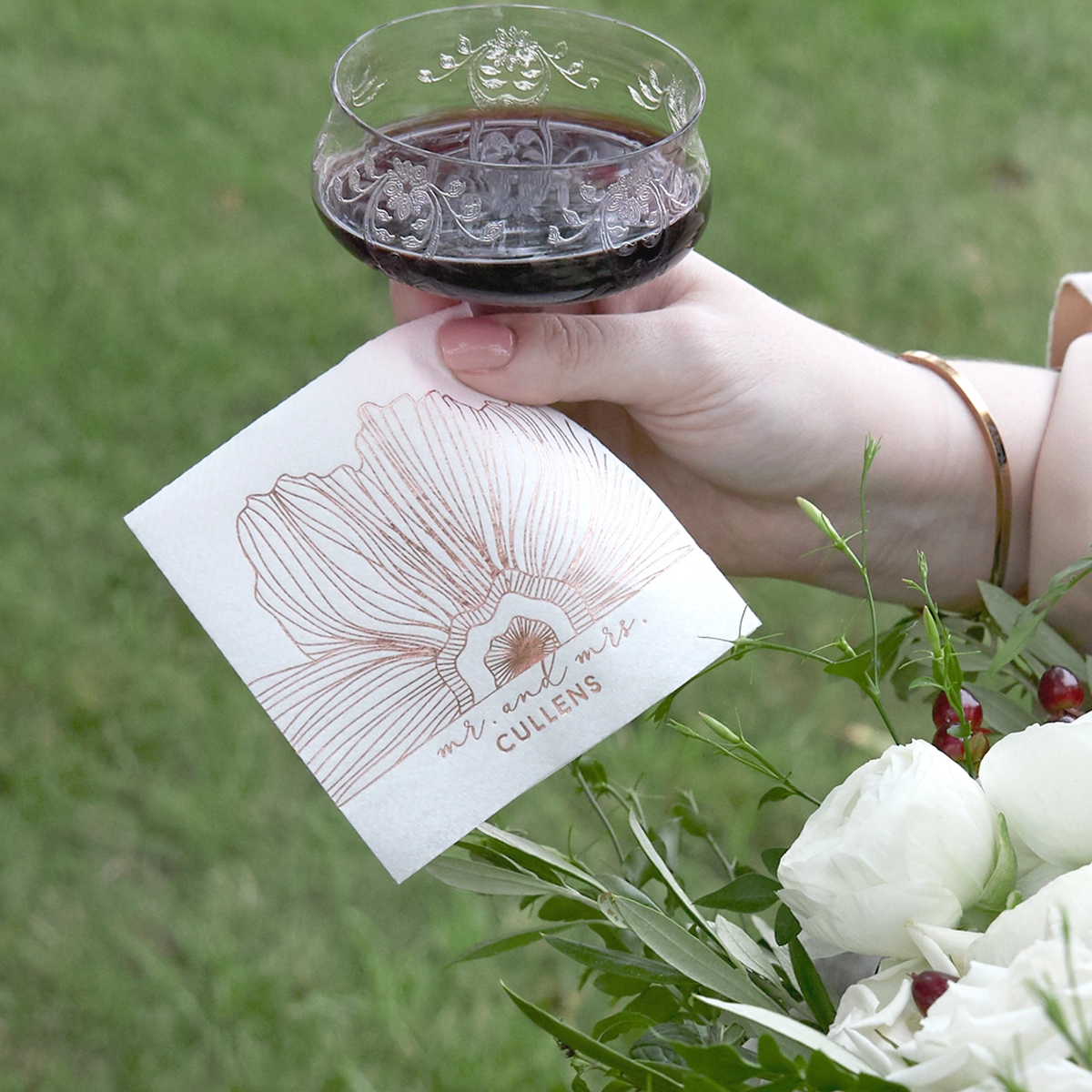 personalized floral statement cocktail napkin for romantic fall wedding