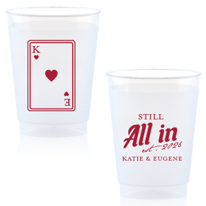 Celebrate lasting love with the Playing Card Still All In Anniversary Cup. One side adorns a hearts playing card graphic, personalized with your initials. The other side is inscribed with "Still All In," alongside the celebratory year and the couple's names, symbolizing a winning hand in marriage.