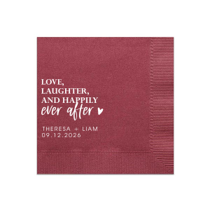 Celebrate enduring joy with the Love & Laughter Napkin. It prominently stacks "Love, Laughter, and Happily" in bold caps, followed by a whimsical "ever after" in lowercase script, punctuated with a heart. Below, the couple's names and date underscore this timeless wish for a life filled with happiness.