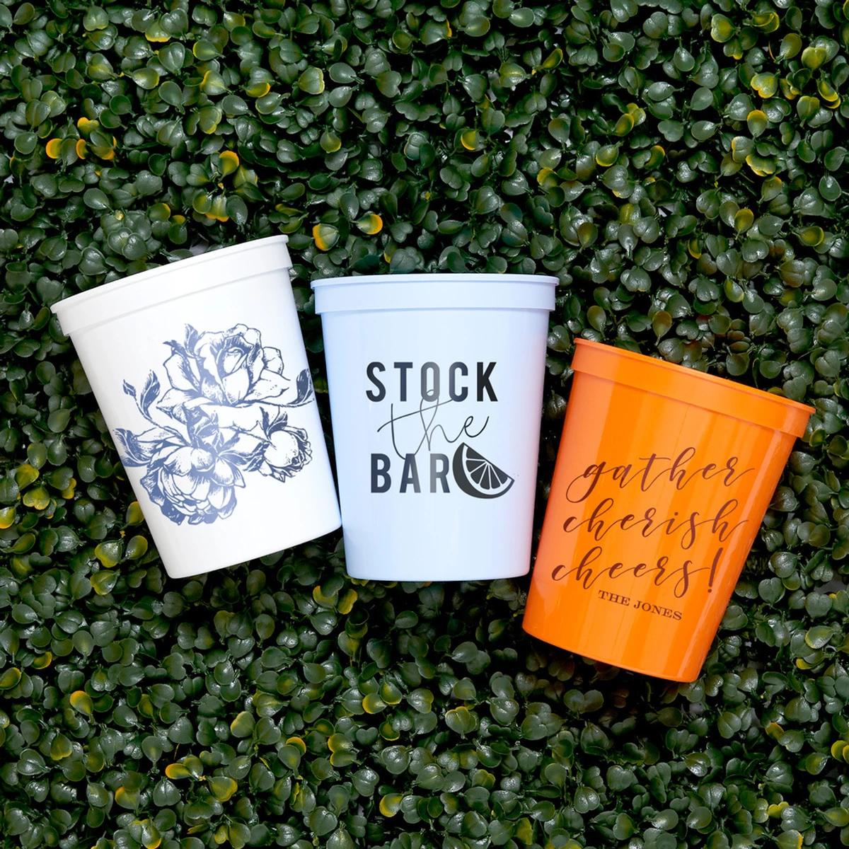 Shop our custom 16 oz. stadium cups for your wedding, shower or event!