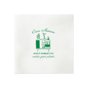 Welcome friends to your new abode with the Botanical Bar Cart Home Entertaining Napkin, adorned with a stylish bar cart and plant graphic and the gentle prompt "Don't forget to water your plants," all below your name or house title in a contemporary script. A charming and practical touch for your housewarming gathering.
