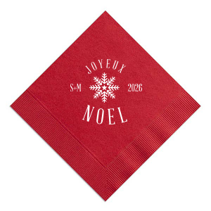 Infuse your holiday cheer with the Joyeux Noel Snowflake Napkin, where a twinkling snowflake pairs with the chic 'Joyeux' and 'Noel.' Flanked by the couple's initials and festive year, it's a refined way to say 'Merry Christmas' with a French twist.