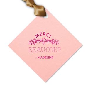 Personalized Poptone Ballet Pink Luggage Gift Tag with Shiny 18 Kt Gold Foil Color has a Marigold Vine graphic and is good for use in Accents themed parties and will look fabulous with your unique touch. Your guests will agree!