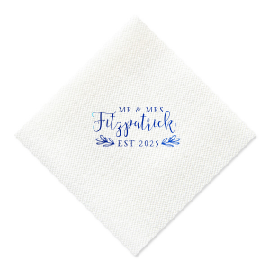 ForYourParty's personalized Royal Blue Cocktail Napkin with Matte White Foil Color has a HandWreathRSVP graphic and is good for use in Lovely Press themed parties and will make your guests swoon. Personalize your party's theme today.