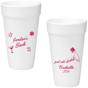 Add a splash of fun to the festivities with the Sassy Spirits Bachelorette Cup, personalized with the bride-to-be's name in script, and adorned with playful symbols like "XOXO," a martini glass, and a smiley face. The flip side's "Just add alcohol" mantra and hand line drawing, customizable with your party's location and date, promise a night of merriment and memories.