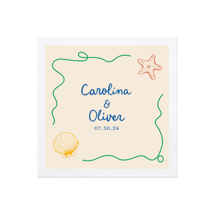 The Seaside Shell & Star Photo Napkin is a fresh design perfect for engagements, bridal showers, birthday or nearly any other special occasion. The ink printed full color photo features a colorful duo of a sea shell and starfish with green ribbon border that evokes a seaside beach in the summertime.