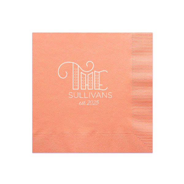 Unveil your family's roots with the Family Name Napkin, where 'The' flourishes with leafy growth, setting the stage for your surname and foundation date. It's a creative toast to heritage, perfect for celebrating your family's story.