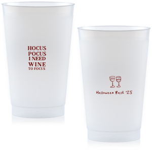 The Hocus Pocus Focus Cup is the ideal custom Halloween party accessory.  Featuring the phrase "hocus pocus I need candy to focus" and a modern and minimal graphic of wine glasses, you can personalize with your name, and the year. This chic Halloween accessory will be a hit at your autumnal events. 