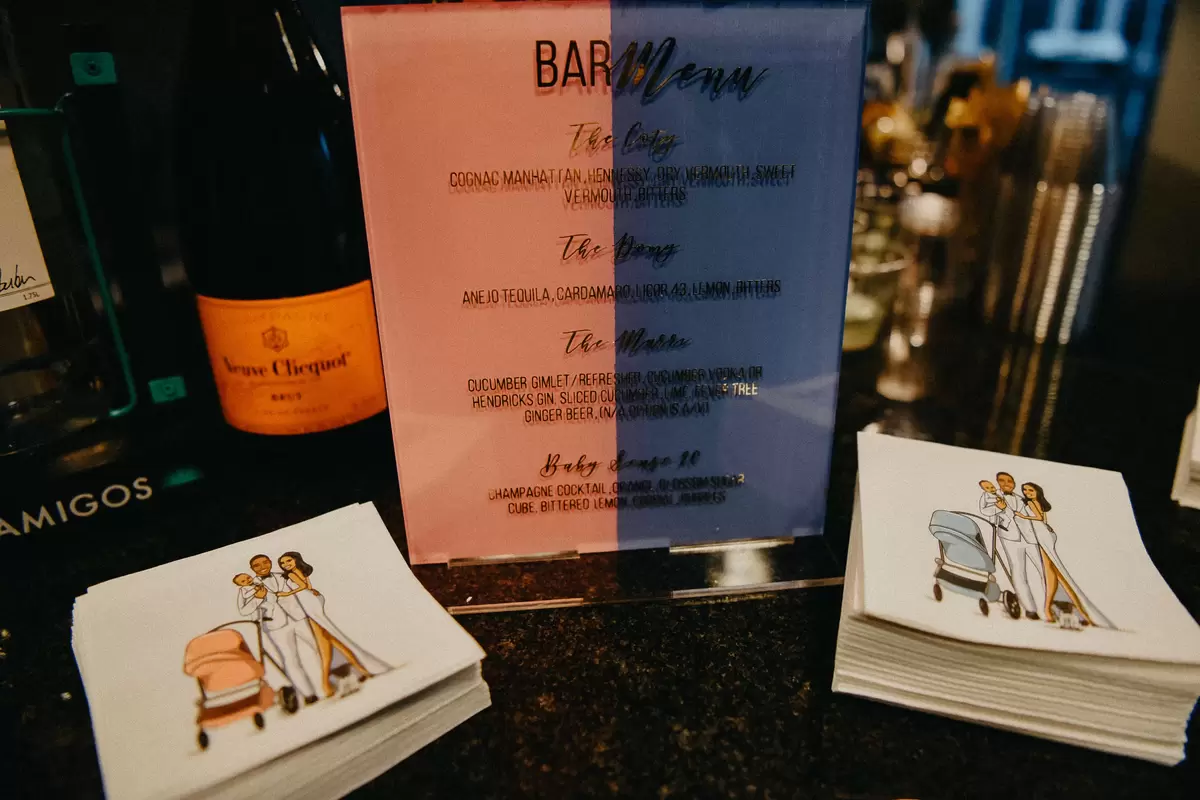 signature cocktail menu at elegant shimmer and ombre gender reveal party
