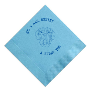 Dog cocktail napkins are the latest wedding trend! Customize this dog wedding napkin with your last name and the name of your dog. Featuring a mastiff graphic. 