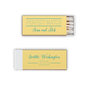 Strike a balance between new and timeless with the Perfect Match Modern Wedding Matchbox, where sleek meets chic for an 'I do' duo. Names scripted in tradition and a backside nod to place and time, this matchbox is the spark of the party's heart.