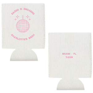 The Dazed and Engaged Bachelorette Disco Ball Can Cooler is a funky and fun accessory that will add some sparkle to your bachelorette or engagement party! It is the perfect way to show off your style and celebrate your upcoming nuptials. Customize with the location of your event, name, and date for a perfectly personalized party accessory.