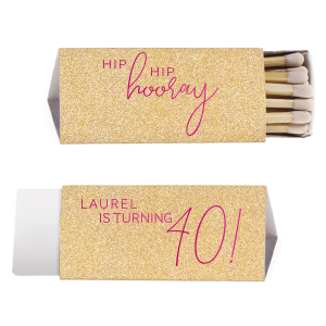 ForYourParty's elegant Gold Glitter Classic Matchbox with Shiny Fuchsia Foil has a fun Hip Hip Hooray saying and is good for use in Birthday, Graduation and other milestone themed parties and will add that special attention to detail that cannot be overlooked.
