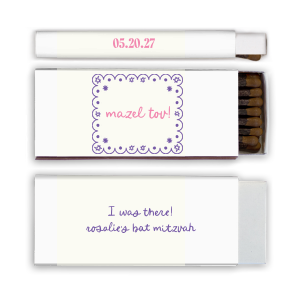 Light a spark that will last a lifetime with the Star of David Frame Photo Matchbox! This matchbox features a scalloped frame and Stars of David design on the front with a joyous "Mazel Tov!", while the back features a personal message. Customize the text to make it your own for your next momentous occasion.