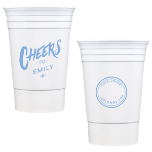 Celebrate with the Personal Cheers Cup, a dual-sided design featuring bold 'CHEERS to' and the celebrant's name on one side. The other side cleverly sports a circle badge reading 'This Drink Belongs To', with space for guests to personalize, combining fun and functionality at any event.
