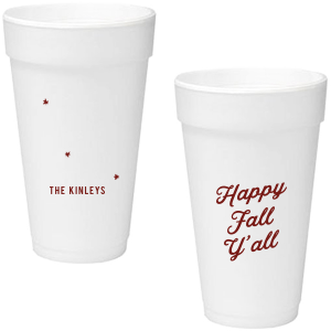 celebrate the autumn season with the Happy Fall Y'all Cup. Printed in your choice of cup style and ink color, make your family gatherings all the more personal this season.