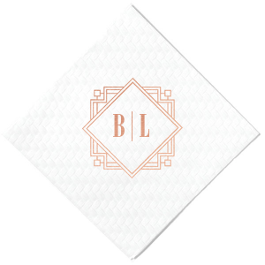 Embrace sophistication with the Deco Diamond Initials Frame Napkin, where Art Deco elegance meets modern love. A layered diamond frame highlights the couple's initials, set against an architectural, 3D backdrop. Perfect for couples seeking a refined, detail-oriented touch to their special day.