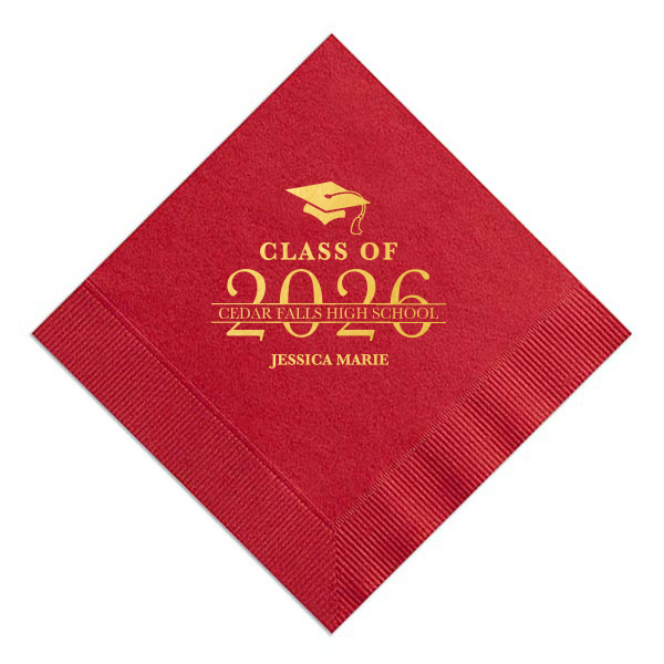 Celebrate graduation in style with the Graduation School Name Banner Napkin! It’s a vibrant celebration on a napkin, boasting a flying graduation cap, the class year in big, bold letters, and the school's name on a striking banner. The graduate's name, proudly displayed below, completes this festive keepsake.
