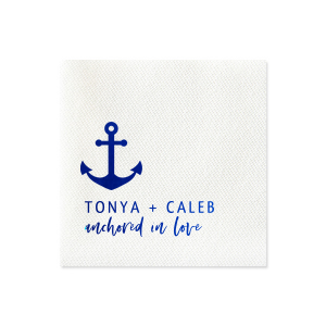 Set sail with the Anchored in Love Napkin, where nautical charm meets romance. Featuring a bold anchor above the couple’s names in striking capitals, and the phrase “anchored in love” seeming to float on a gentle sea, this design is perfect for celebrations that cherish a sense of security and adventure.