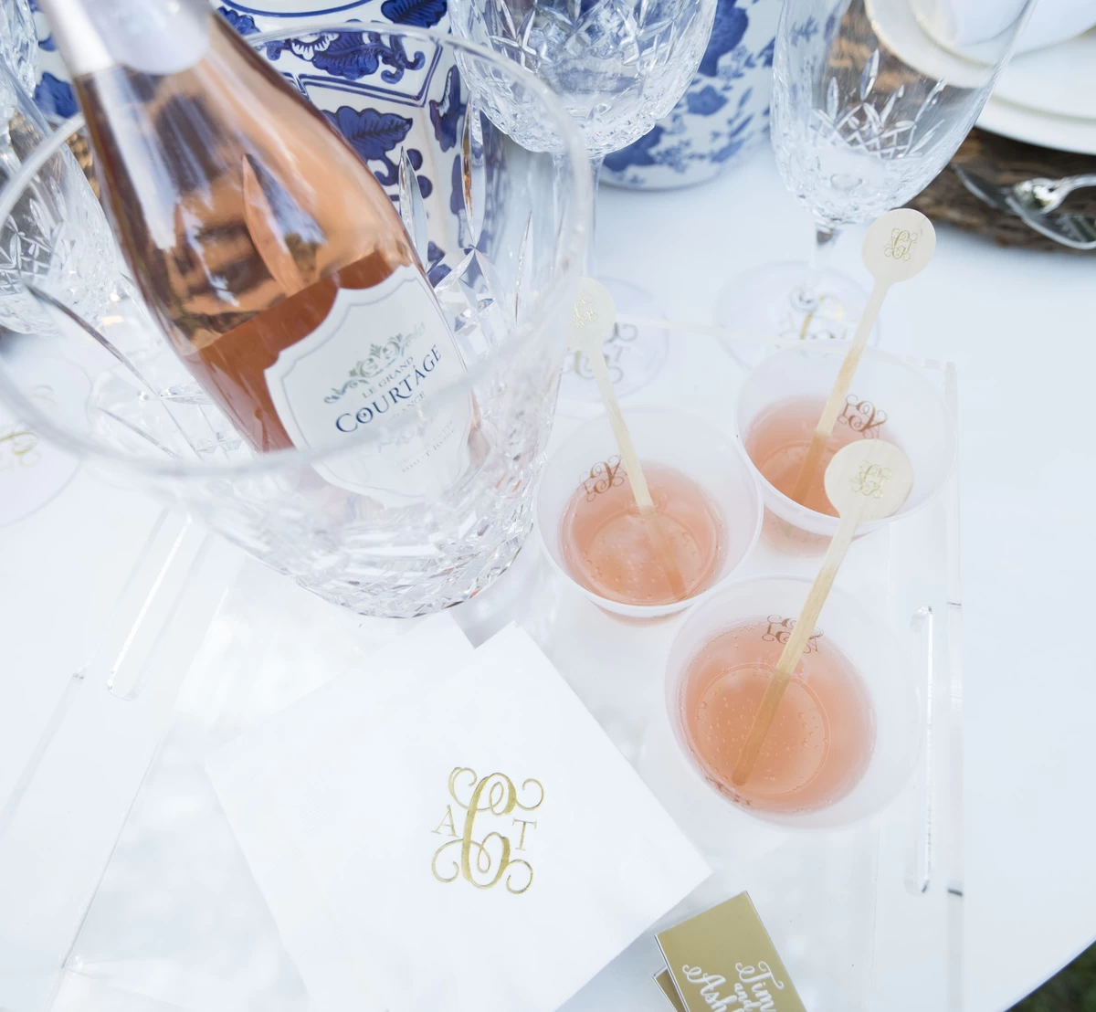 wedding monogram on custom wedding cups, wedding napkins and wedding drink stirrers