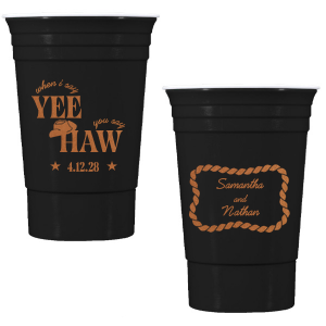 Have your next hoedown covered with the Yee Haw Cup from For Your Party! Customize the design with your choice of ink colors and cup styles to best match your event's vibes. Perfect for summertime cookouts, engagements of bachelor & bachelorette parties