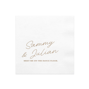 One of our best selling designs, Mod Mediterranean Meet Me on The Dance Floor, takes a flirty twist with this personalized cocktail napkin. Perfect for a classy and classic wedding.