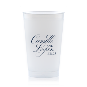 The Elegant Swirl Script Names Cup showcases the couple’s names in a fancy, swirling script, elegantly intertwined for a sophisticated touch. Stacked artistically, this design radiates elegance, adding a uniquely graceful accent to any celebration.