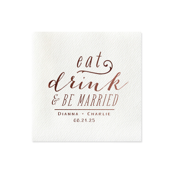Bring the cheer with the Joyful Stacked Eat Drink & Be Married Wedding Napkin! This whimsically stacked design blends a sassy lowercase, bouncy script, and bold capital letters. It's topped off with the couple's names and date, infusing the napkin with a personal, joyous vibe.