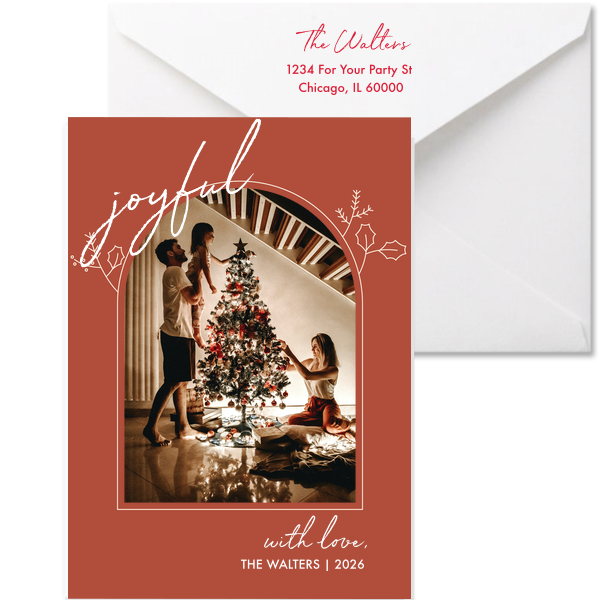 Send a trendy Christmas Card this season! Featuring an arch design, you can personalize this holiday card with the year and your family name. 
