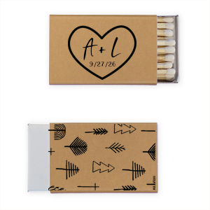 Our custom Natural Khaki 30 Strike Matchbook with Matte Black Foil has a Heart Outline graphic and is good for use in Hearts, Wedding themed parties and can be personalized to match your party's exact theme and tempo.