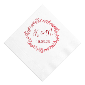 Encapsulate matrimonial elegance with the Simple Wreath Wedding Napkin, where a delicate leaf wreath tenderly encircles the couple's initials and special date. This design exudes a quiet grace, perfect for complementing the refined ambiance of your wedding day.