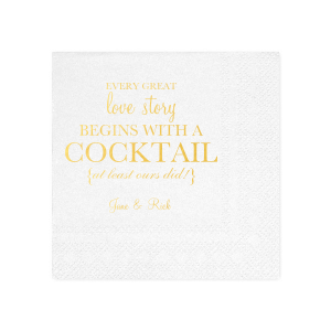 Our personalized Crystal White Cocktail Napkin with Shiny 18 Kt Gold Foil can be personalized to match your party's exact theme and tempo.